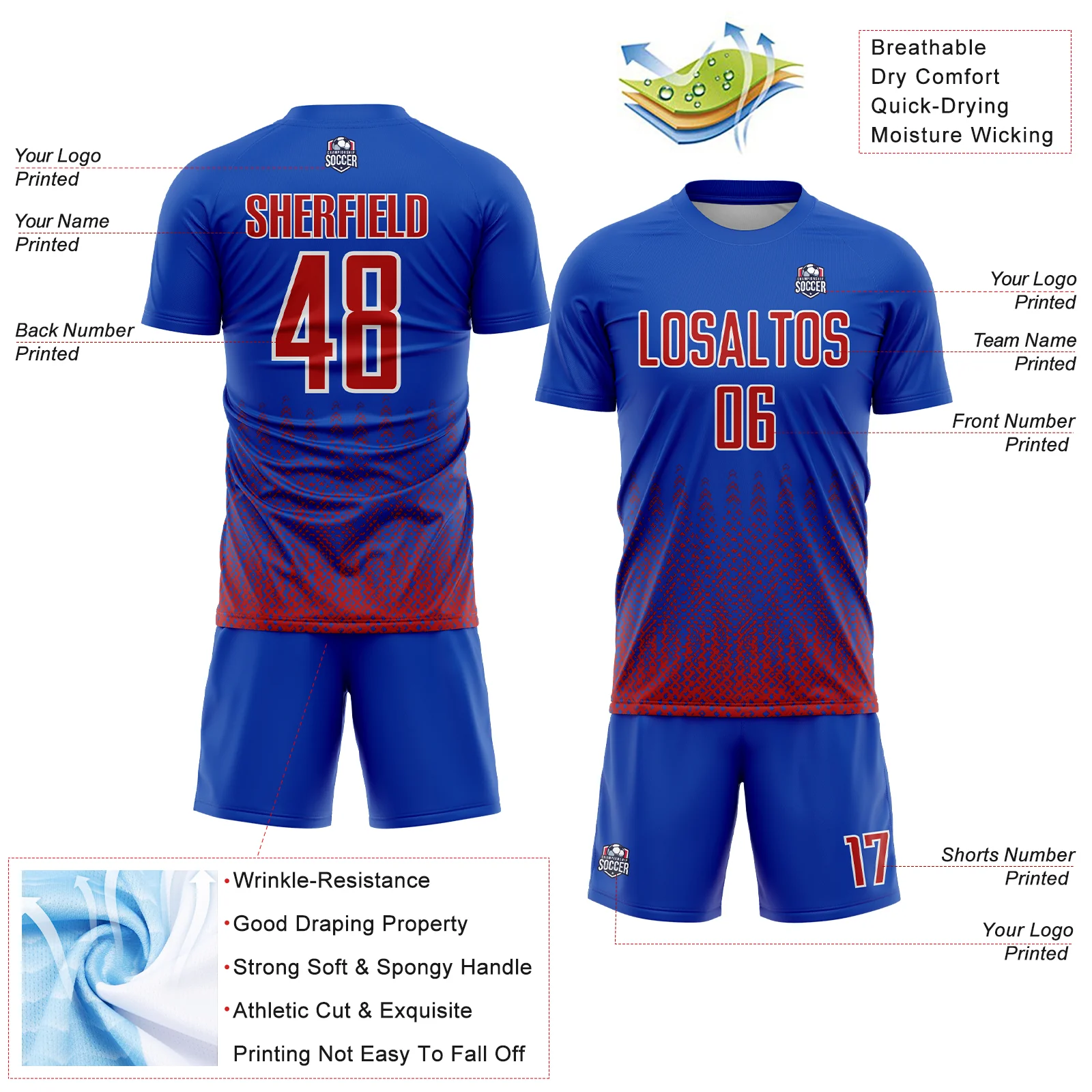 Custom Royal Red-White Geometric Shape Sublimation Soccer Uniform Jersey - Image 4