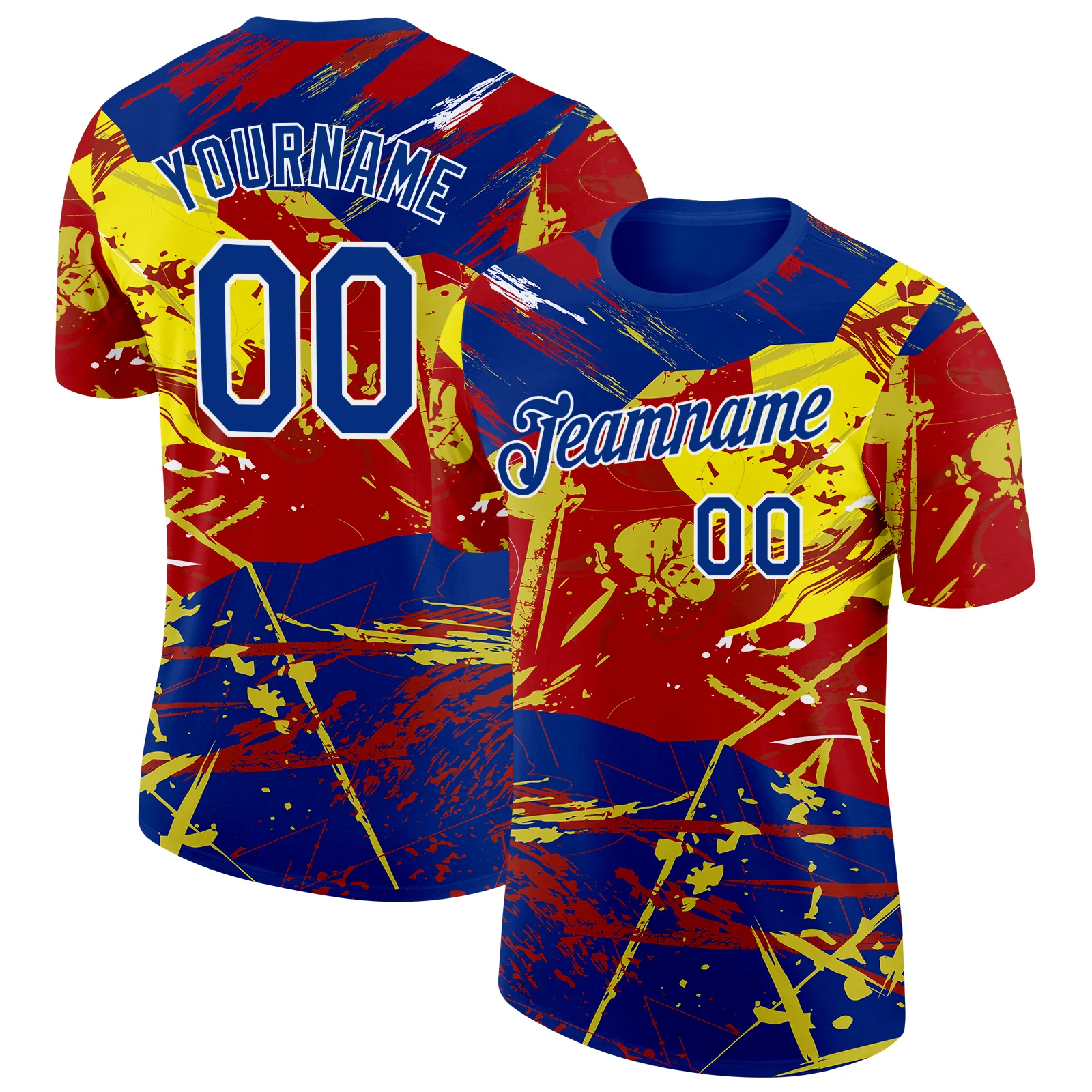 Custom Royal Red Yellow-White Spain Splash Soccer Jersey Performance T-Shirt