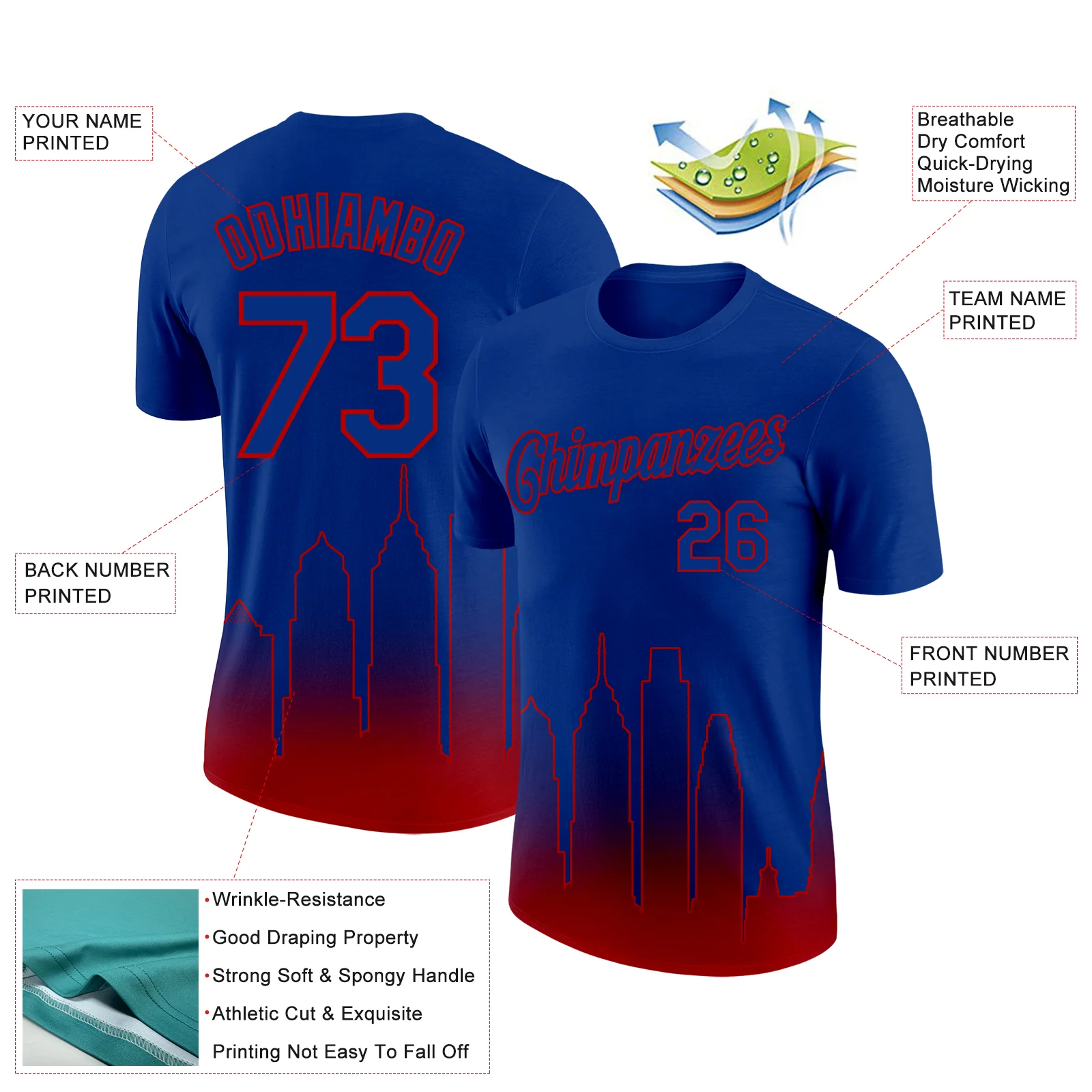 Custom Royal Red 3D Philadelphia City Edition Fade Fashion Performance T-Shirt - Image 2