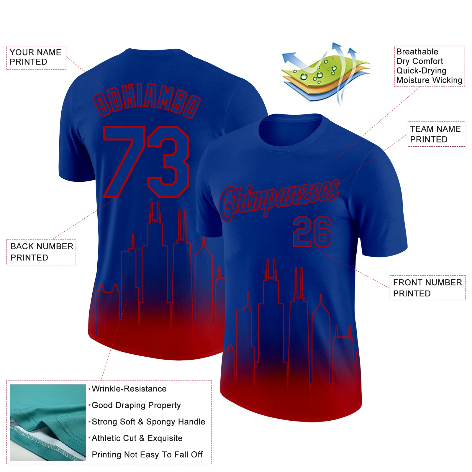 Custom Royal Red 3D Chicago City Edition Fade Fashion Performance T-Shirt - Image 2