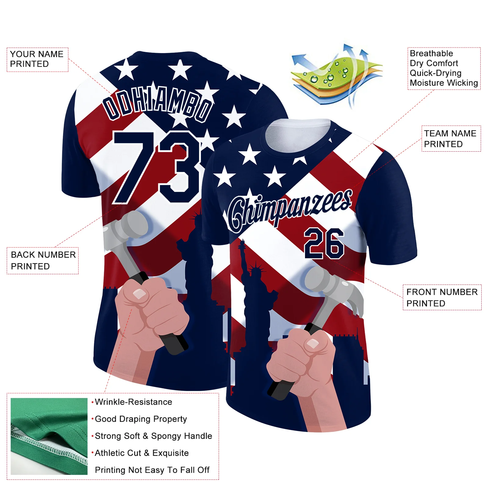 Custom Royal Red-White 3D Pattern Design American Flag Statue of Liberty Tool Hammer Labor Day Performance T-Shirt - Image 2