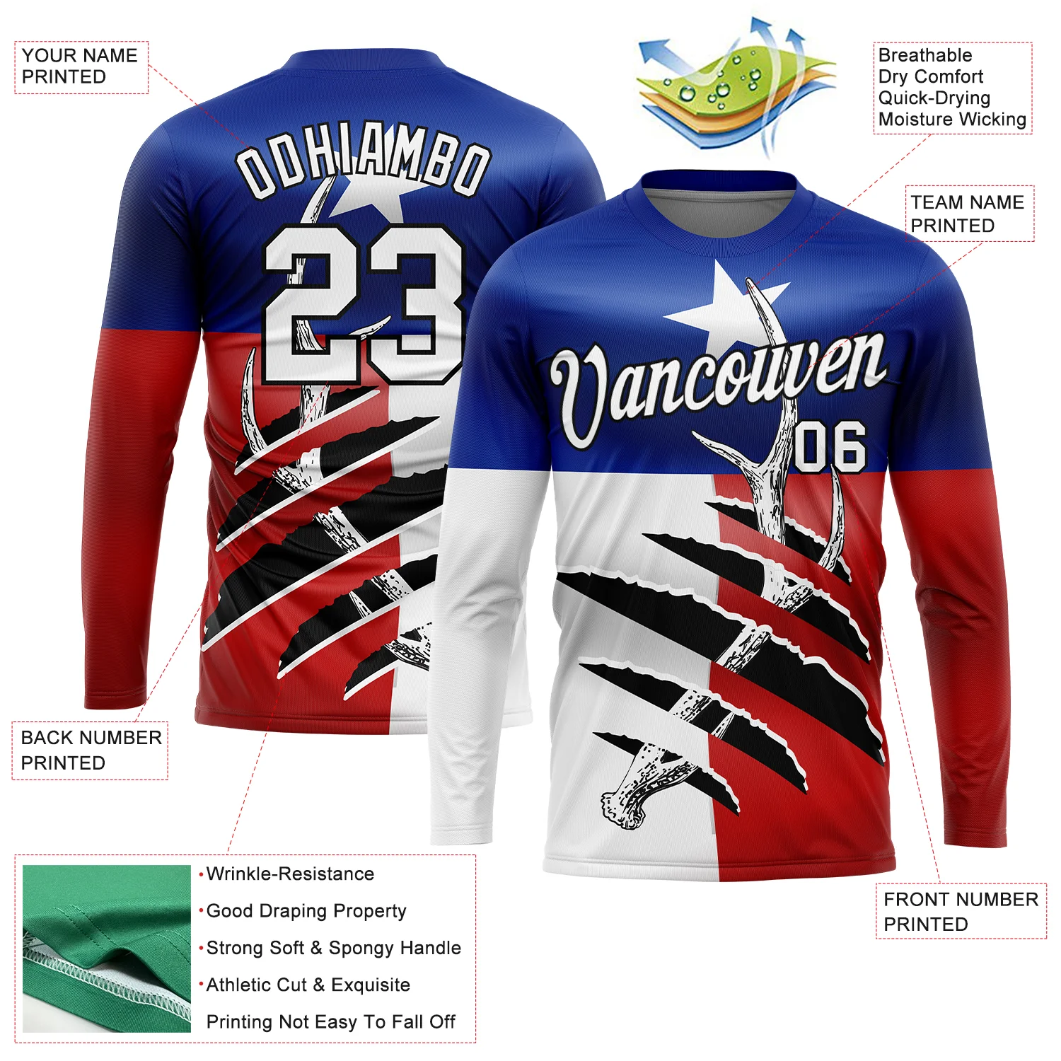 Custom Royal Red-Black 3D Animal Deer Hunting Texas Flag Long Sleeve Performance T-Shirt - Image 2