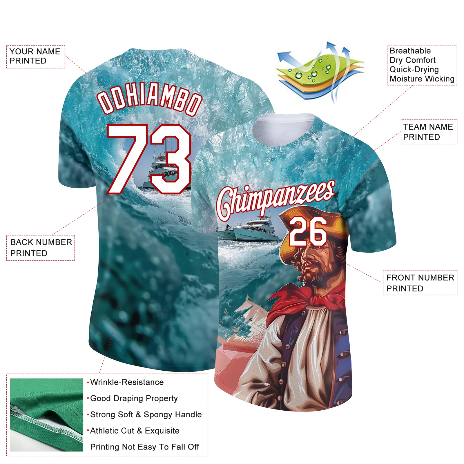 Custom Shadow Blue White-Red 3D Pattern Design Sailing Ship Columbus Day Performance T-Shirt - Image 2