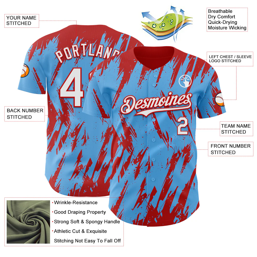 Custom Sky Blue White-Red Splatter Torn Sharp Brush Stroke Authentic Baseball Jersey - Image 3