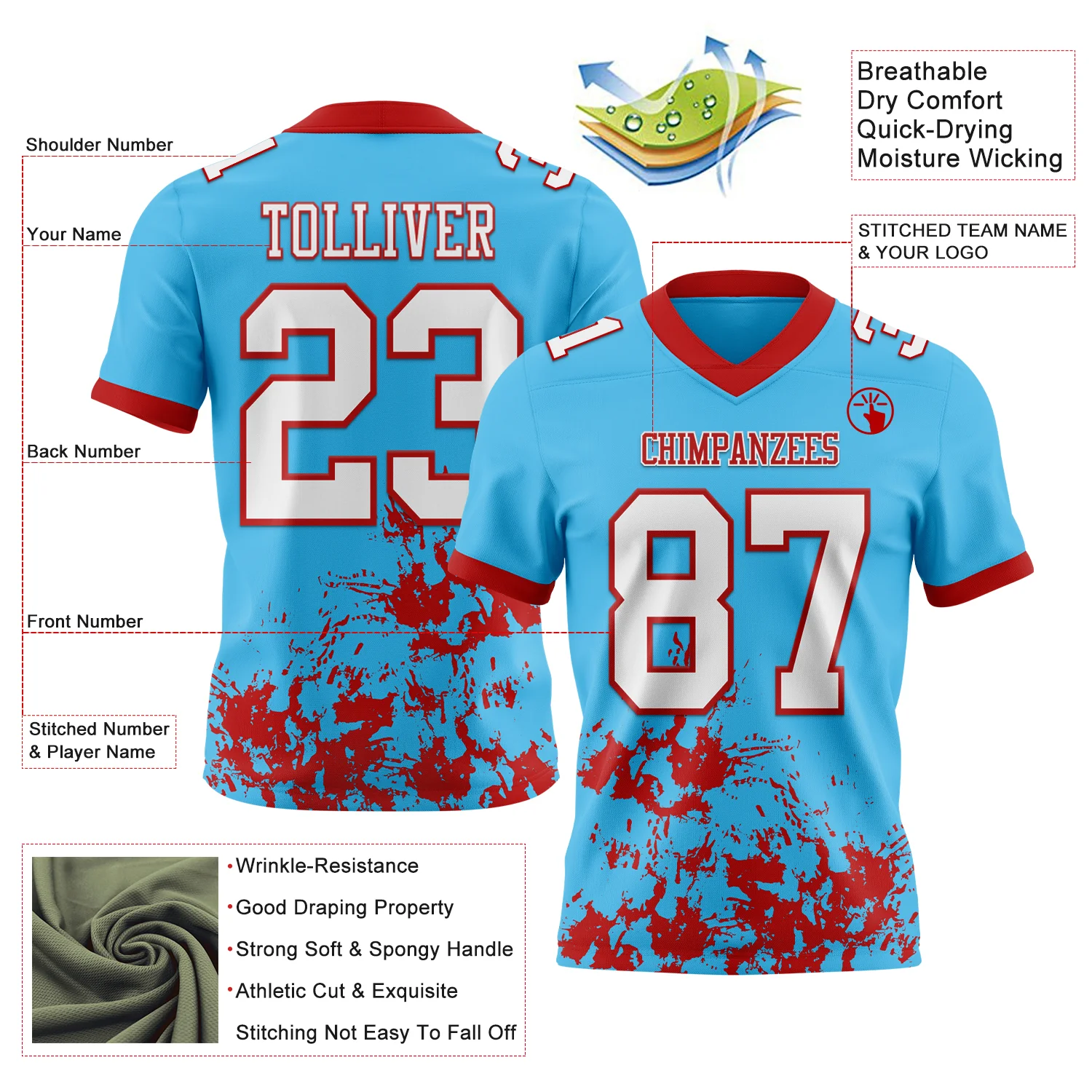 Custom Sky Blue White-Red 3D Pattern Splash Authentic Football Jersey - Image 3
