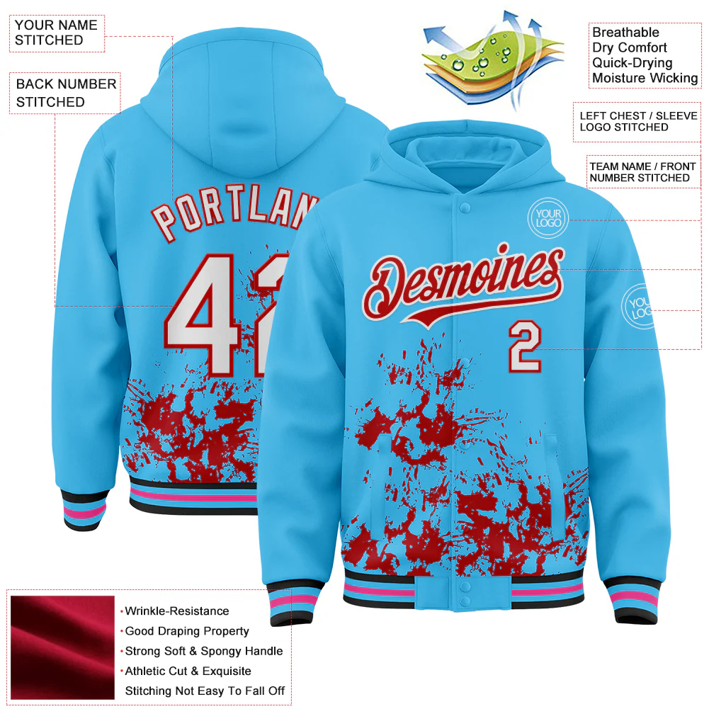 Custom Sky Blue White-Red Splash Art 3D Pattern Design Bomber Full-Snap Varsity Letterman Hoodie Jacket - Image 4