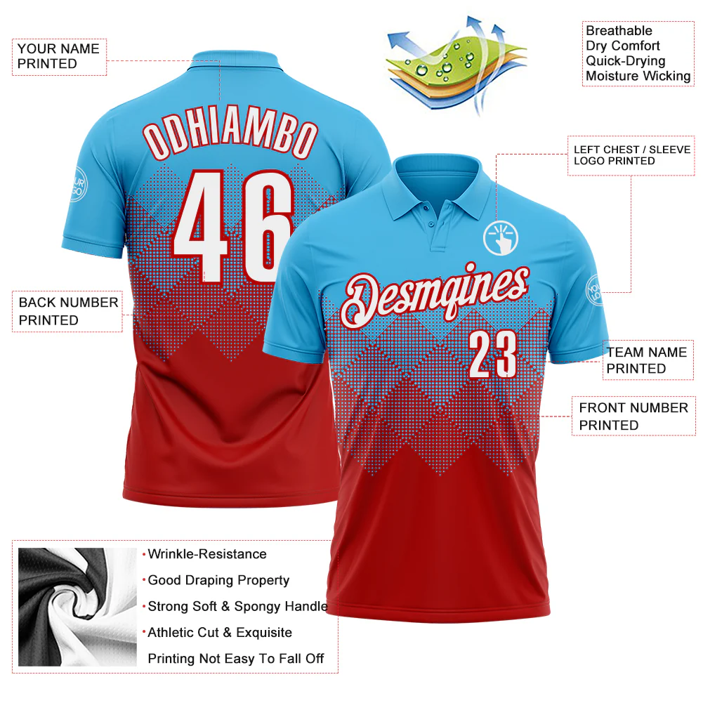 Custom Sky Blue White-Red 3D Gradient Square Shape Performance Polo Shirt - Image 3