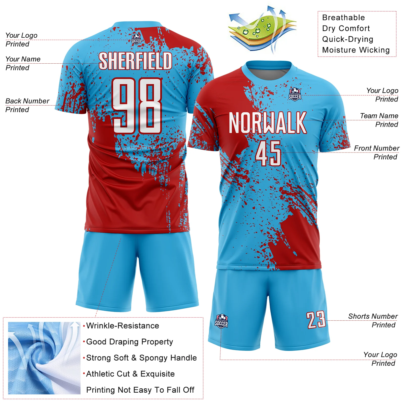Custom Sky Blue White-Red Abstract Brush Stroke Sports Sublimation Soccer Uniform Jersey - Image 4
