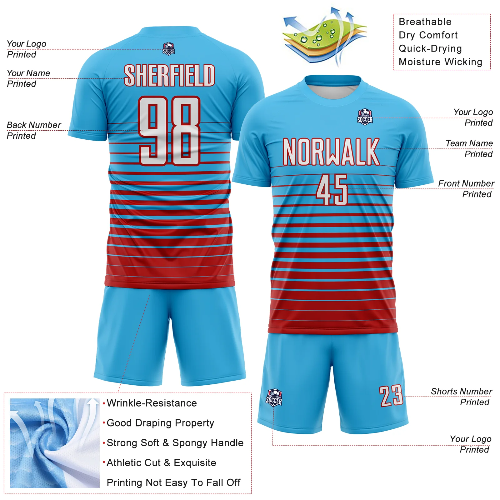 Custom Sky Blue White-Red Gradient Pinstripe Sublimation Soccer Uniform Jersey - Image 4
