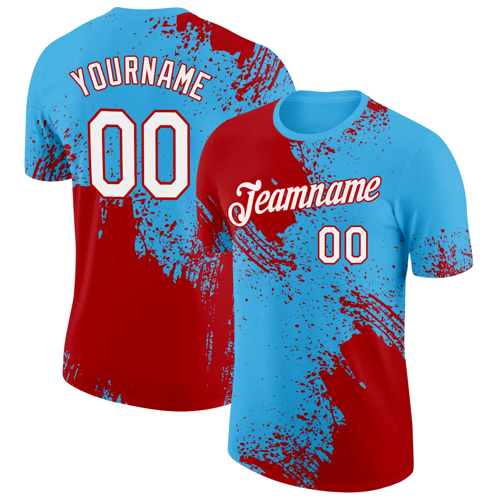 Custom Sky Blue White-Red 3D Pattern Design Abstract Brush Stroke Performance T-Shirt