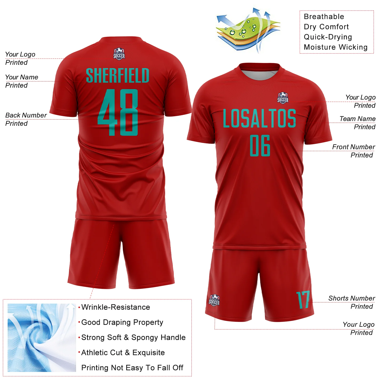 Custom Red Aqua Sublimation Soccer Uniform Jersey - Image 4