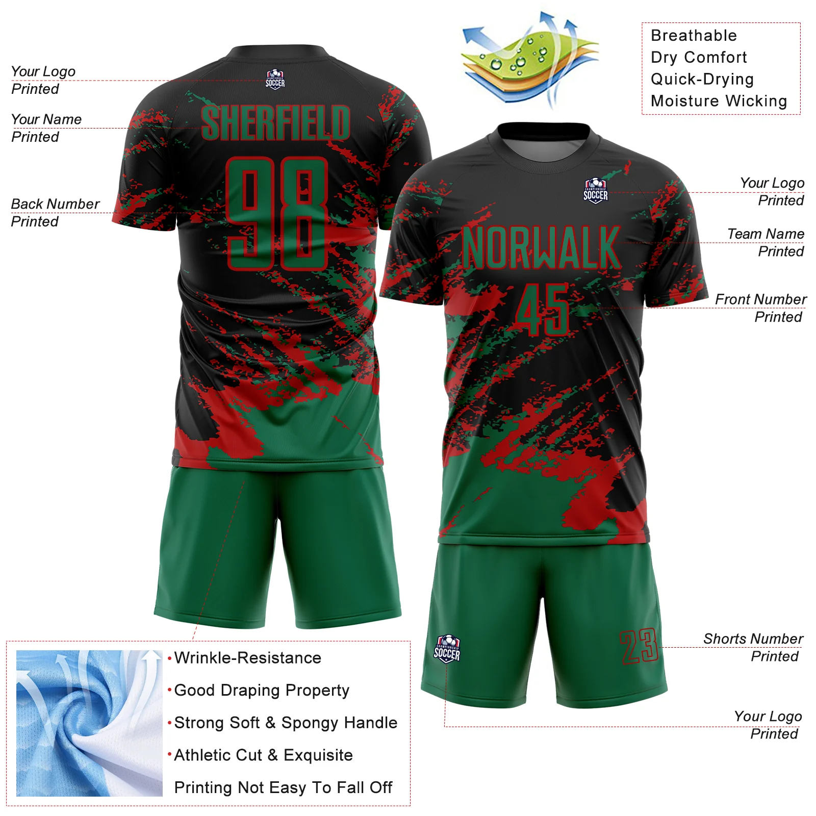 Custom Black Kelly Green-Red Abstract Fragment Art Splash Sports Sublimation Soccer Uniform Jersey - Image 4