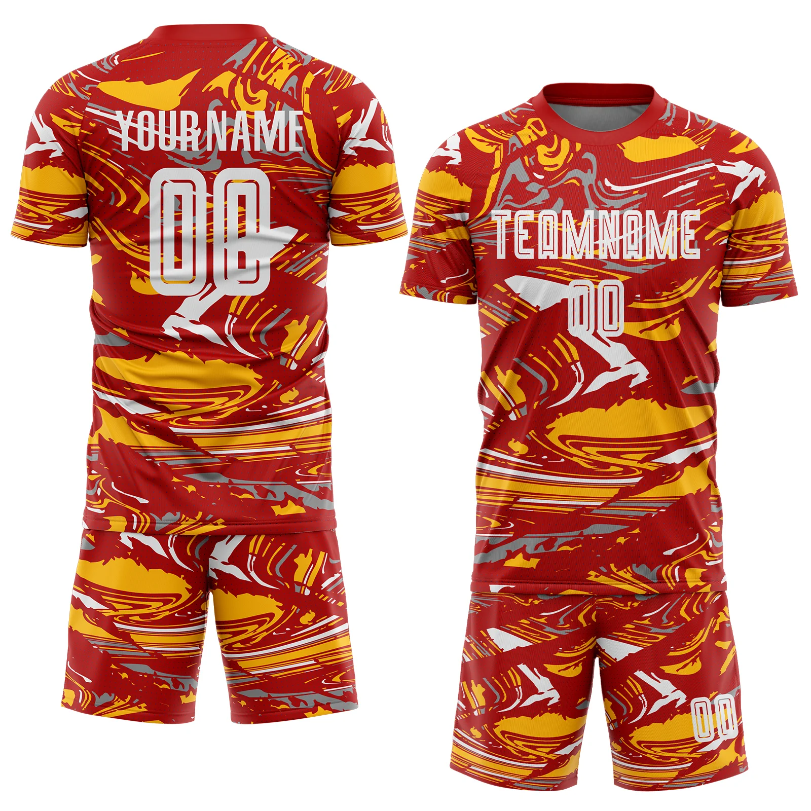 Custom Figure Light Blue Red-Gold Fluid Art Splash Sublimation Soccer Uniform Jersey - Image 2