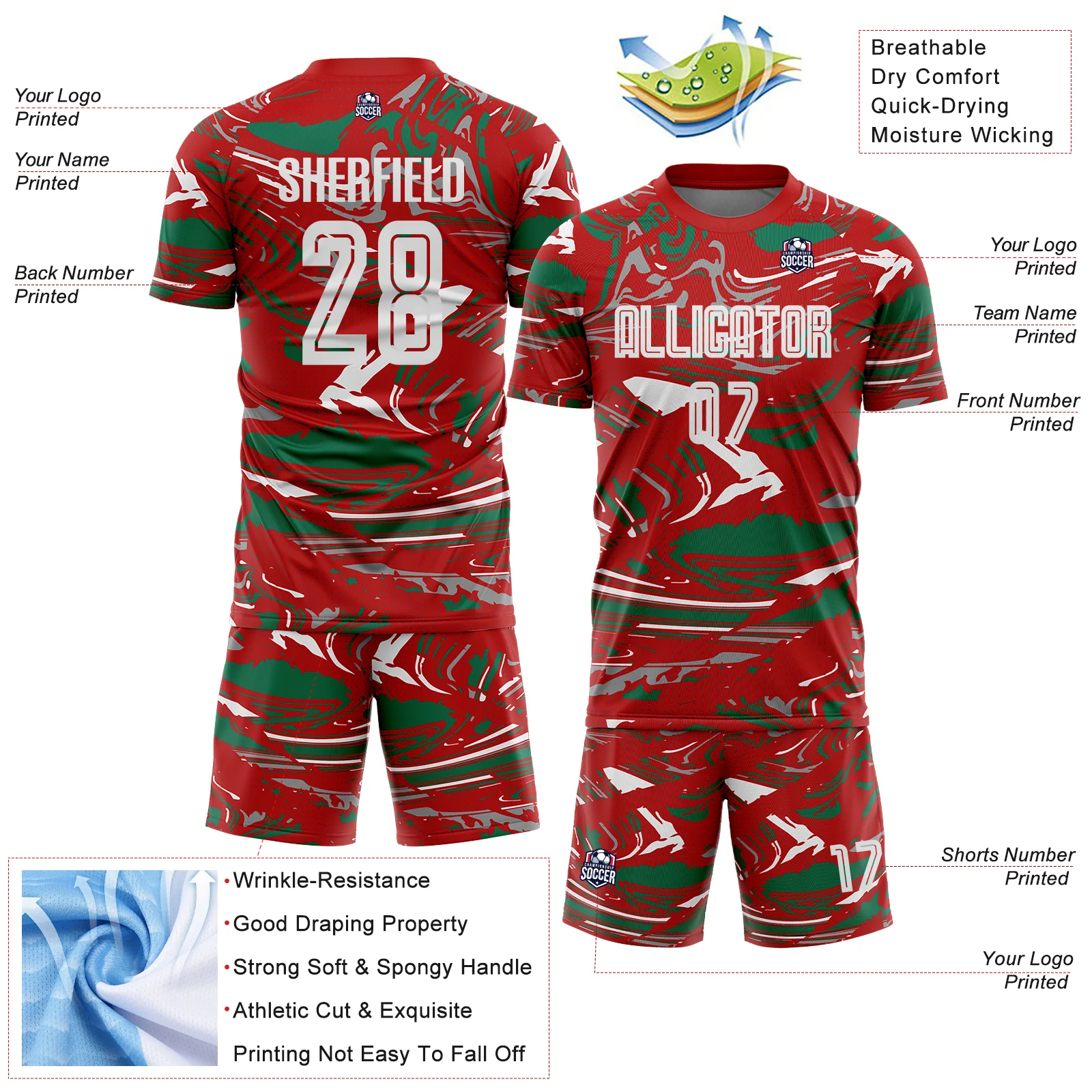 Custom Figure Light Blue Red-Kelly Green Fluid Art Splash Sublimation Soccer Uniform Jersey - Image 4