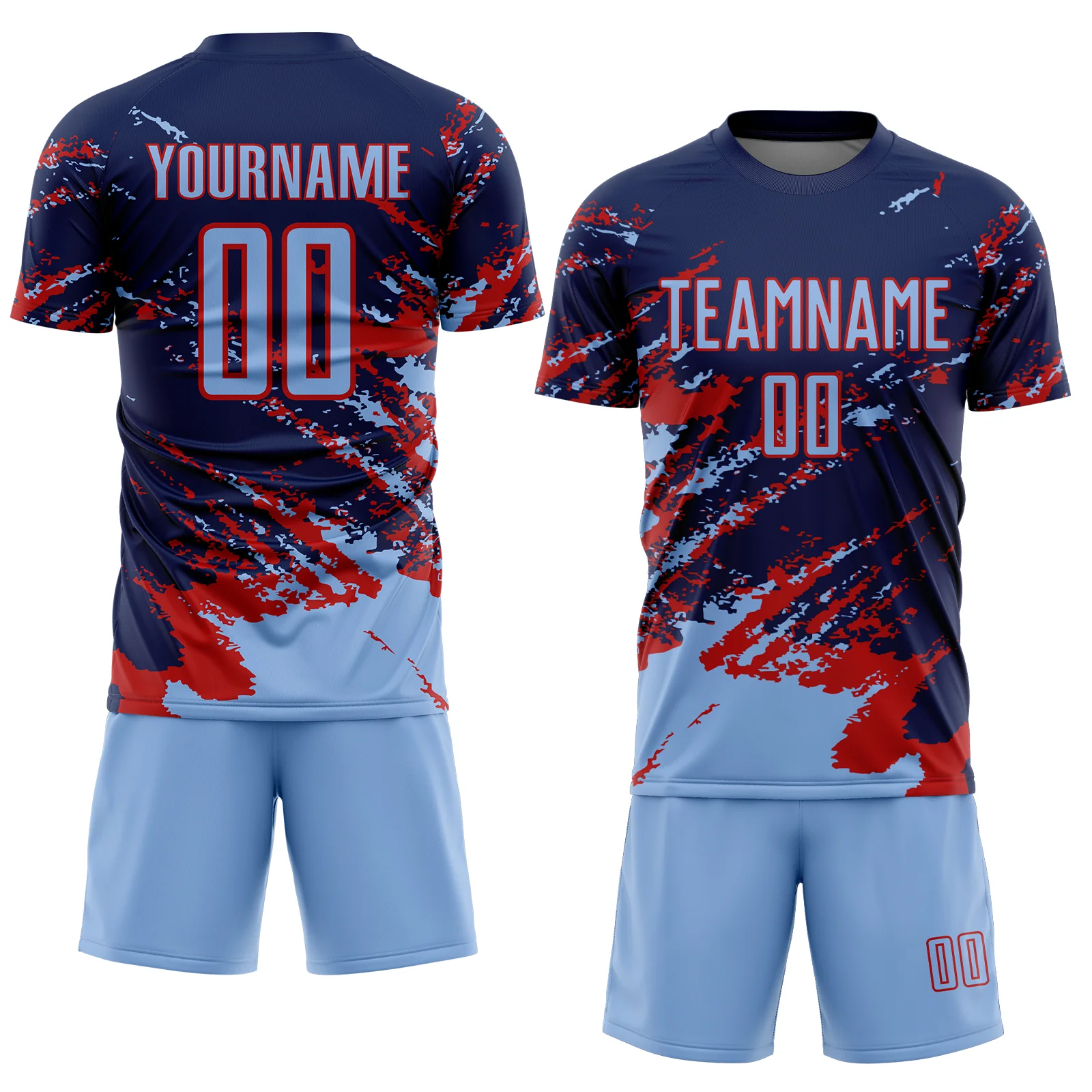 Custom Navy Light Blue-Red Abstract Fragment Art Splash Sports Sublimation Soccer Uniform Jersey - Image 2