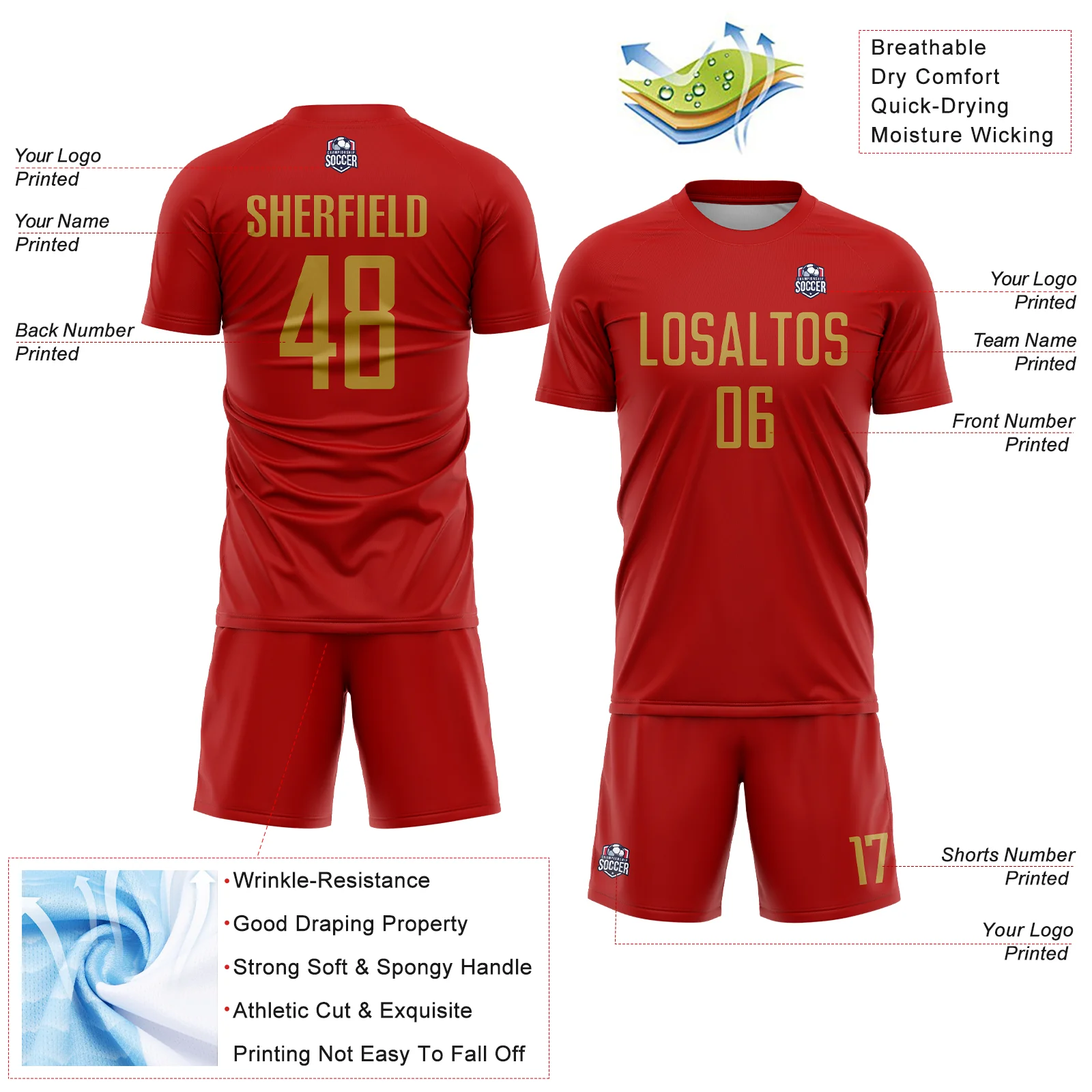 Custom Red Old Gold Sublimation Soccer Uniform Jersey - Image 4