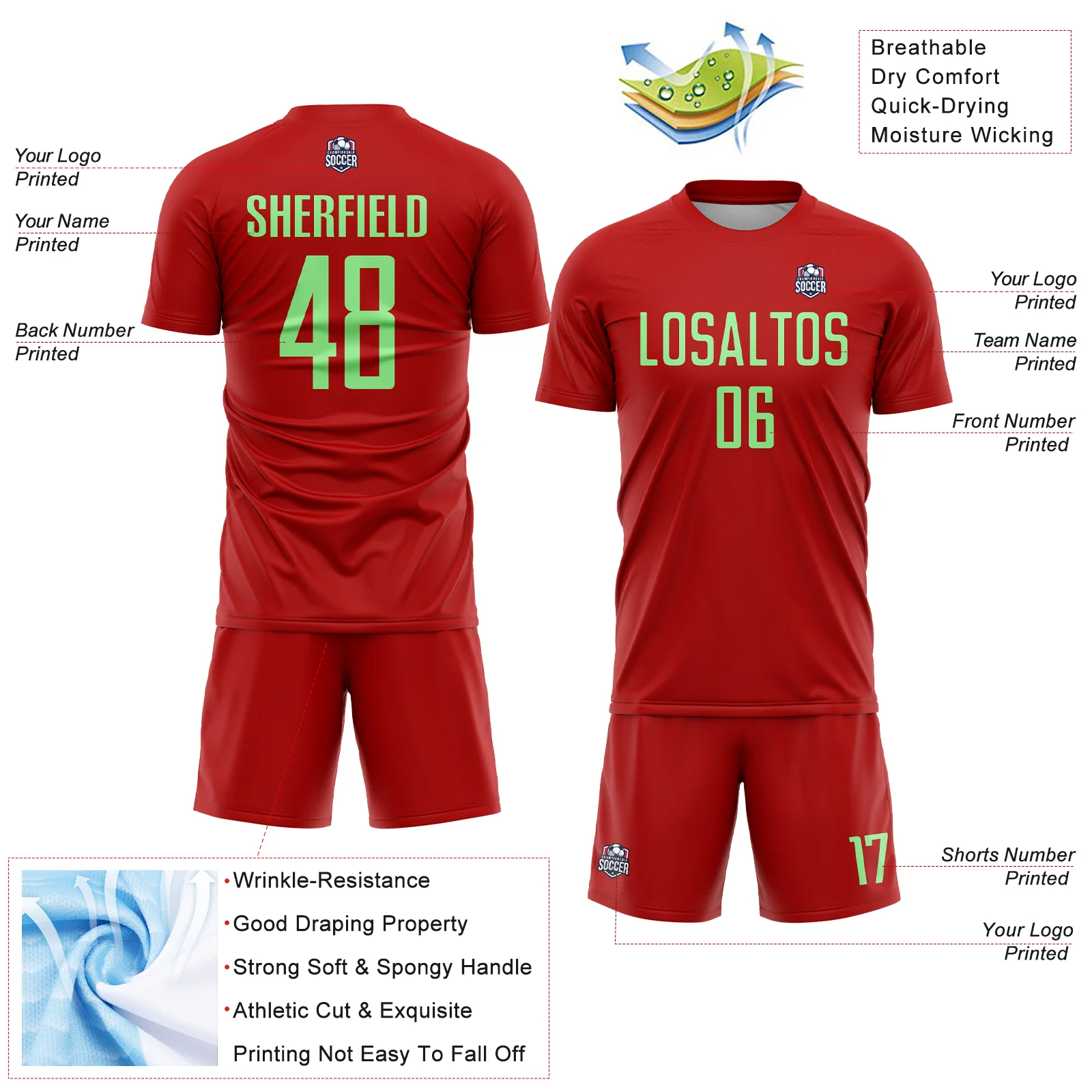 Custom Red Pea Green Sublimation Soccer Uniform Jersey - Image 4