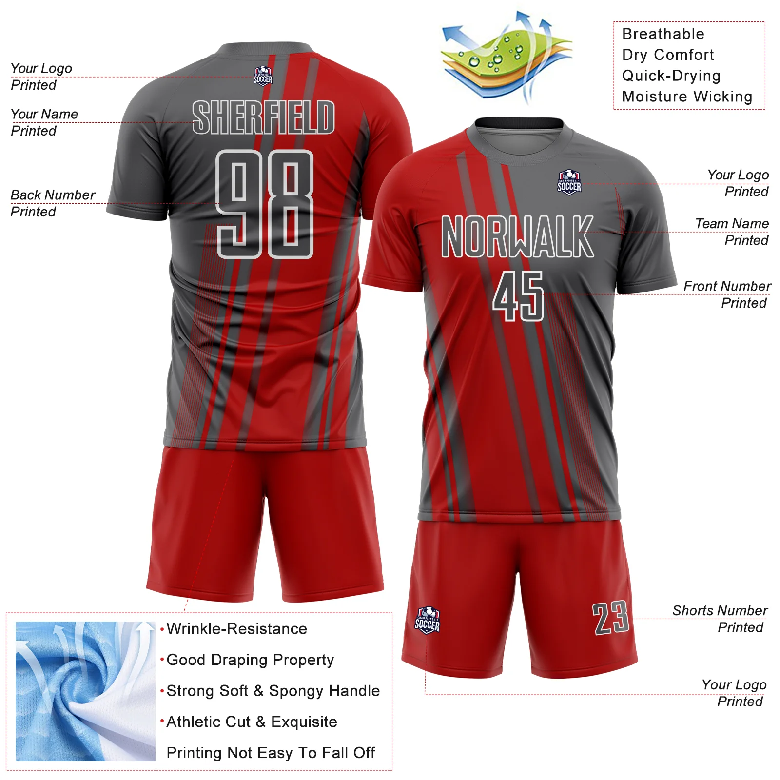 Custom Steel Gray Red-White Lines Sports Sublimation Soccer Uniform Jersey - Image 4