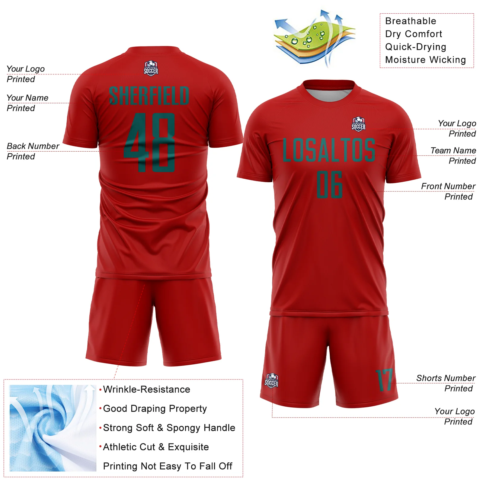 Custom Red Teal Sublimation Soccer Uniform Jersey - Image 4