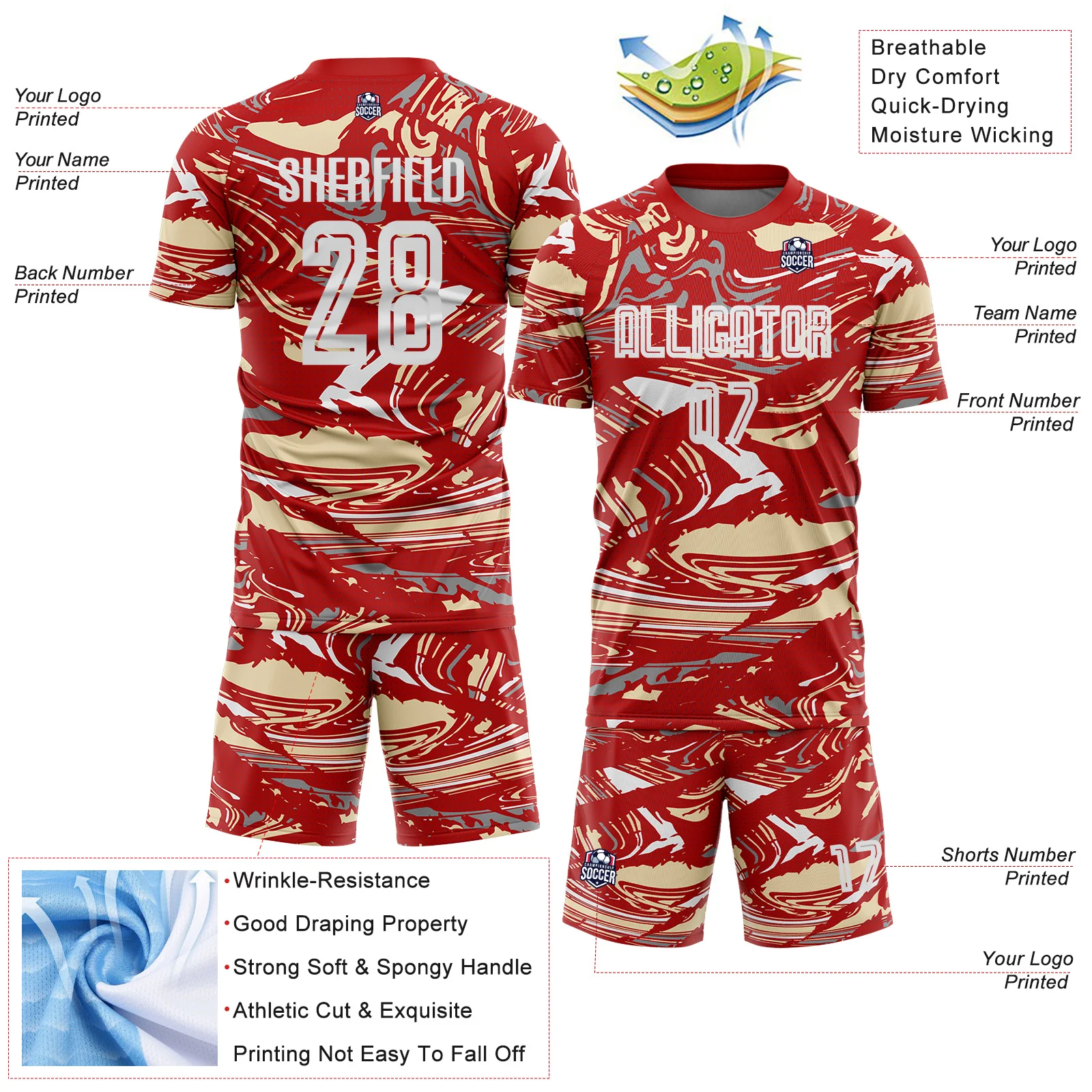 Custom Figure White Red-Cream Fluid Art Splash Sublimation Soccer Uniform Jersey - Image 4