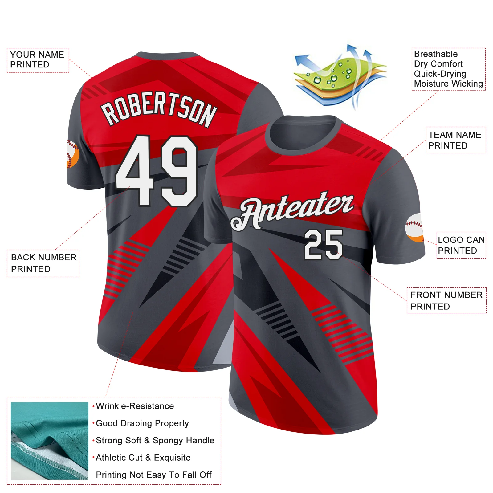 Custom Steel Gray Red-Black 3D Esports Performance T-Shirt - Image 2
