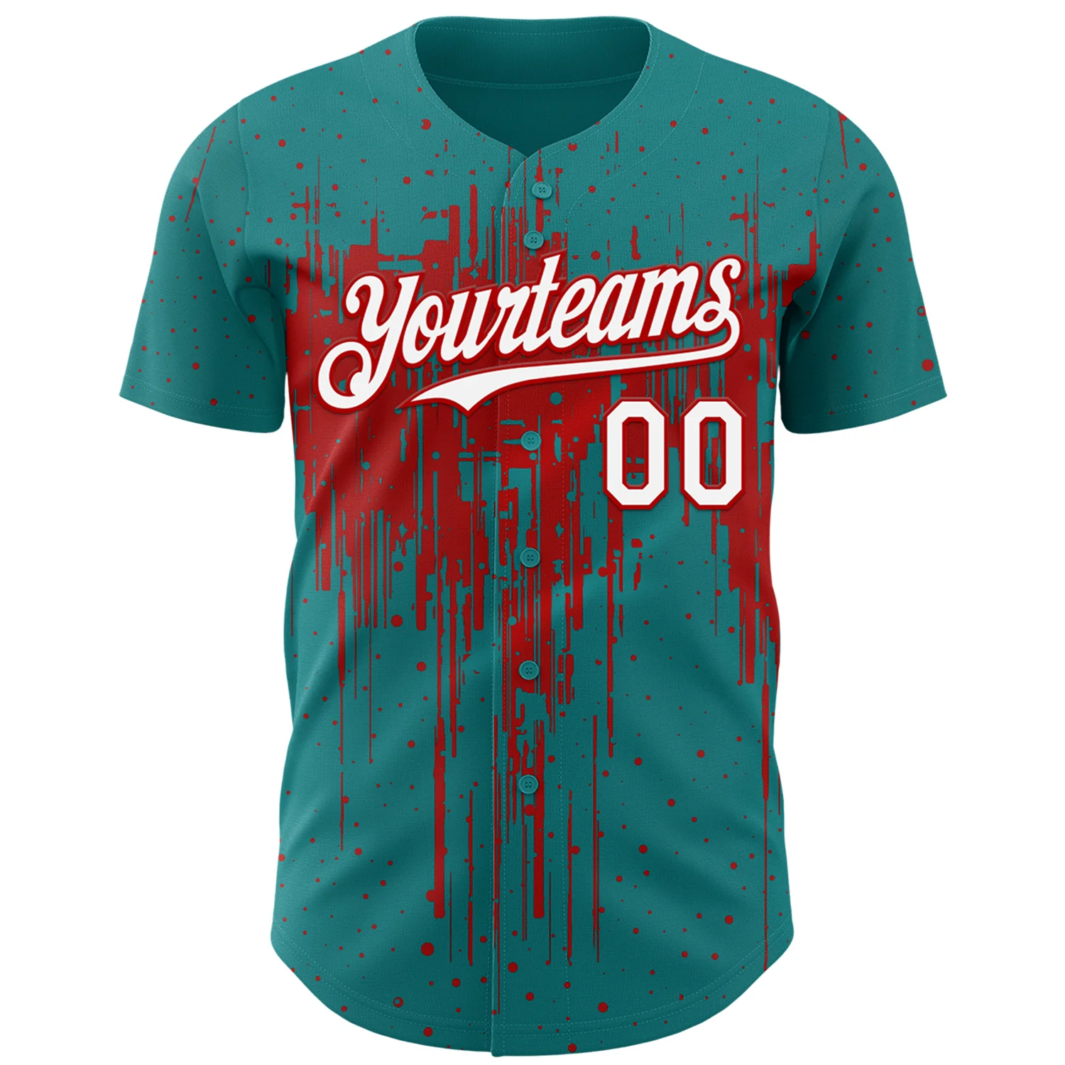 Custom Teal White-Red Dripping Splatter Paint Authentic Baseball Jersey - Image 2