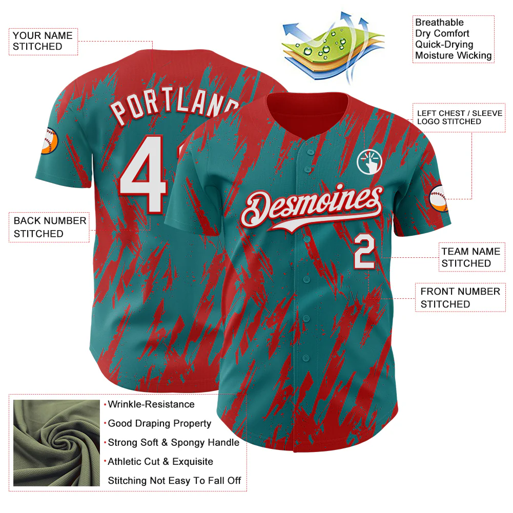 Custom Teal White-Red Splatter Torn Sharp Brush Stroke Authentic Baseball Jersey - Image 3