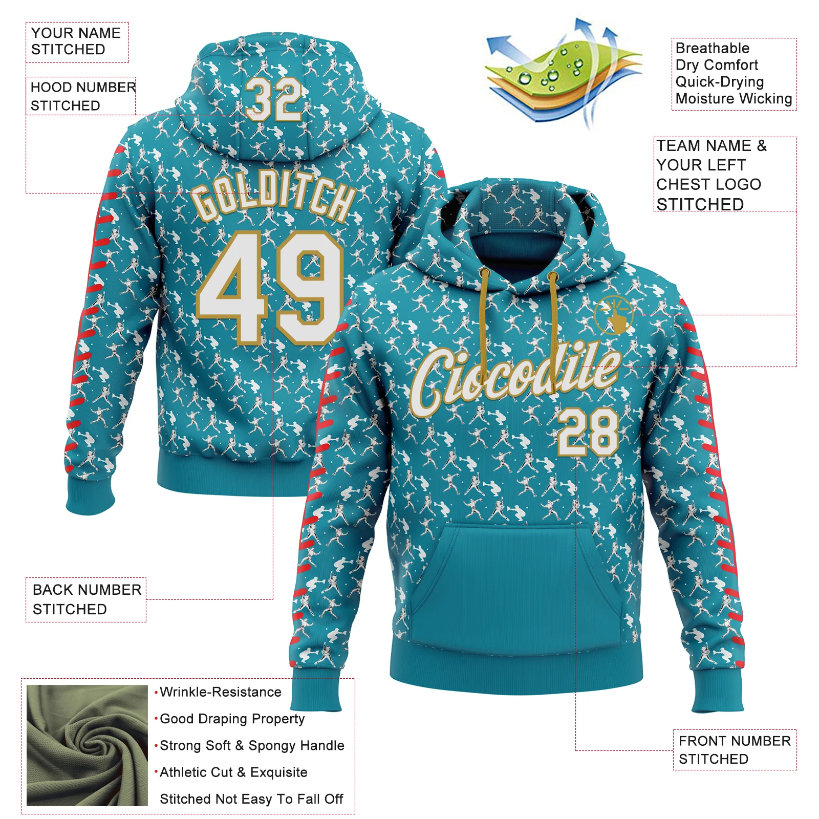 Custom Stitched Teal White Red-Old Gold Baseball Game Day Jacksonville Inspired Sports Pullover Sweatshirt Hoodie - Image 4