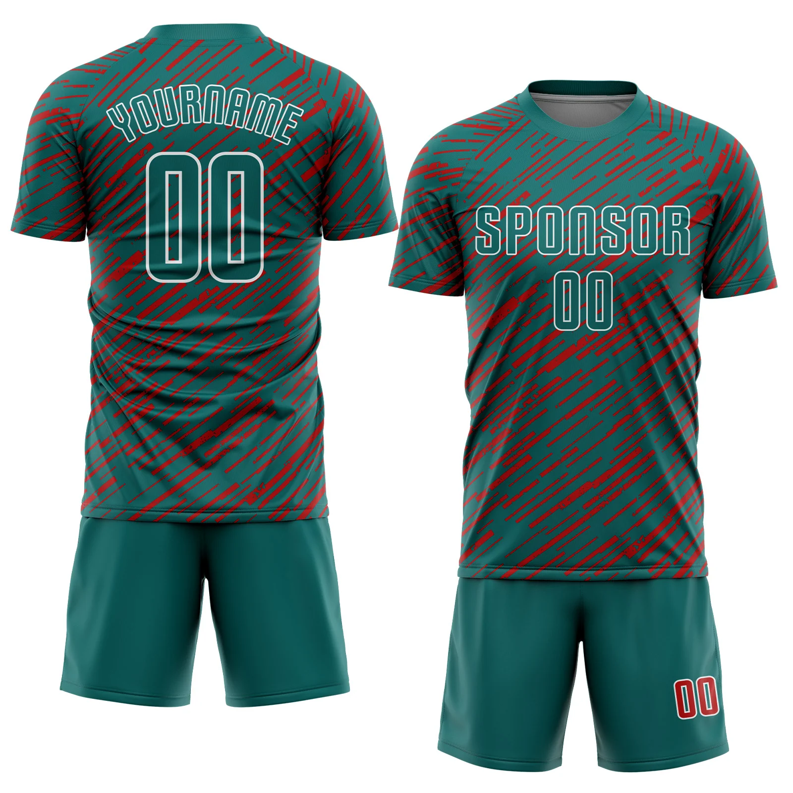 Custom Teal Red-White Line Sports Sublimation Soccer Uniform Jersey - Image 2