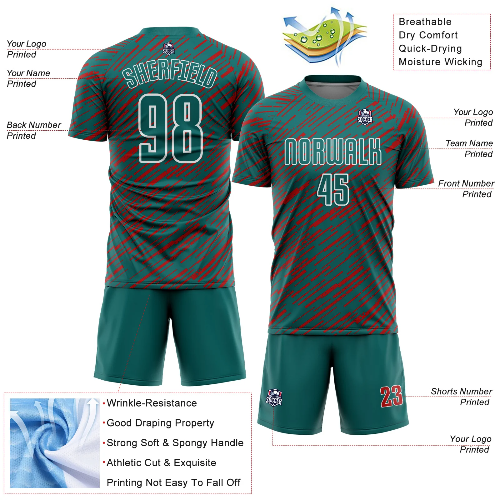 Custom Teal Red-White Line Sports Sublimation Soccer Uniform Jersey - Image 4
