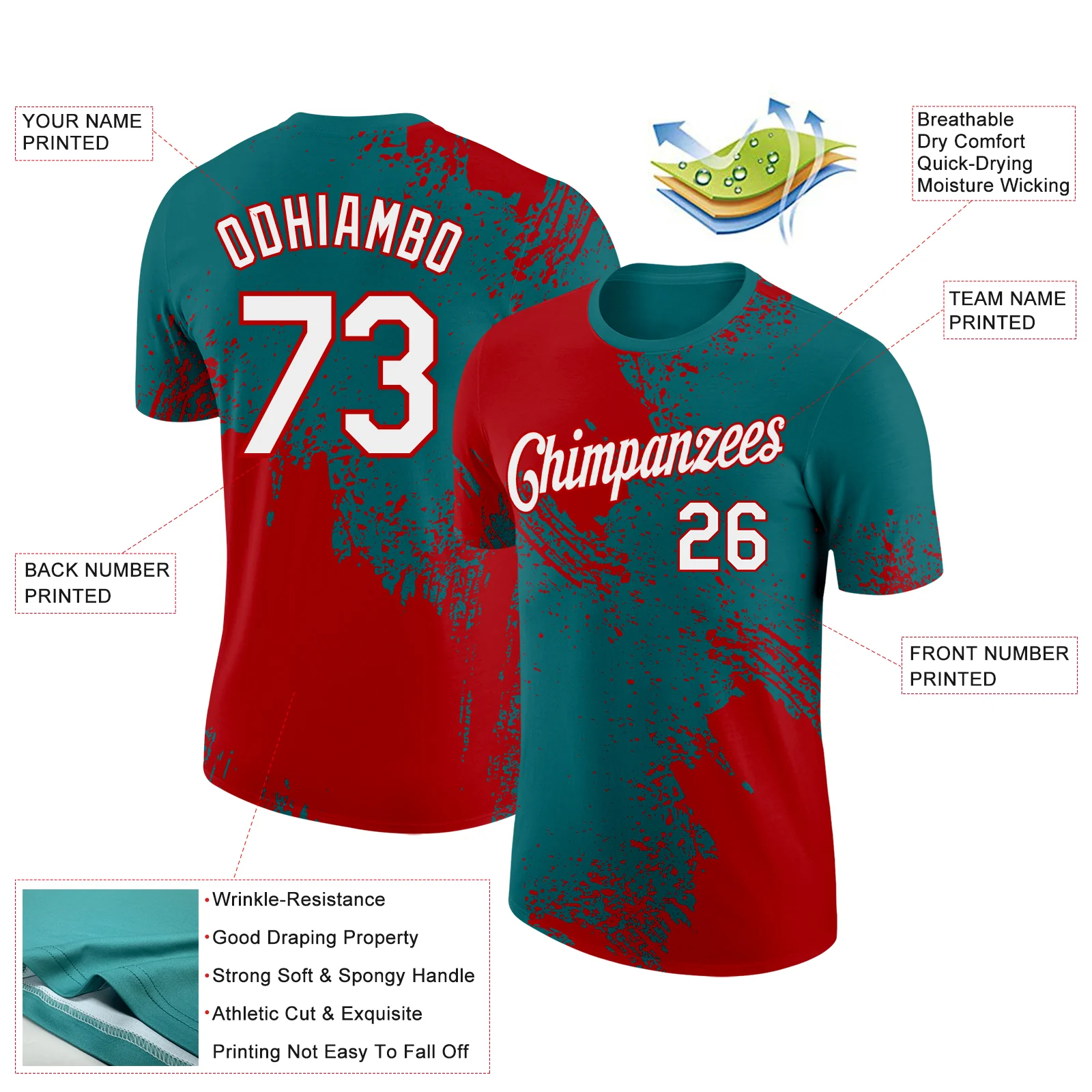 Custom Teal White-Red 3D Pattern Design Abstract Brush Stroke Performance T-Shirt - Image 2