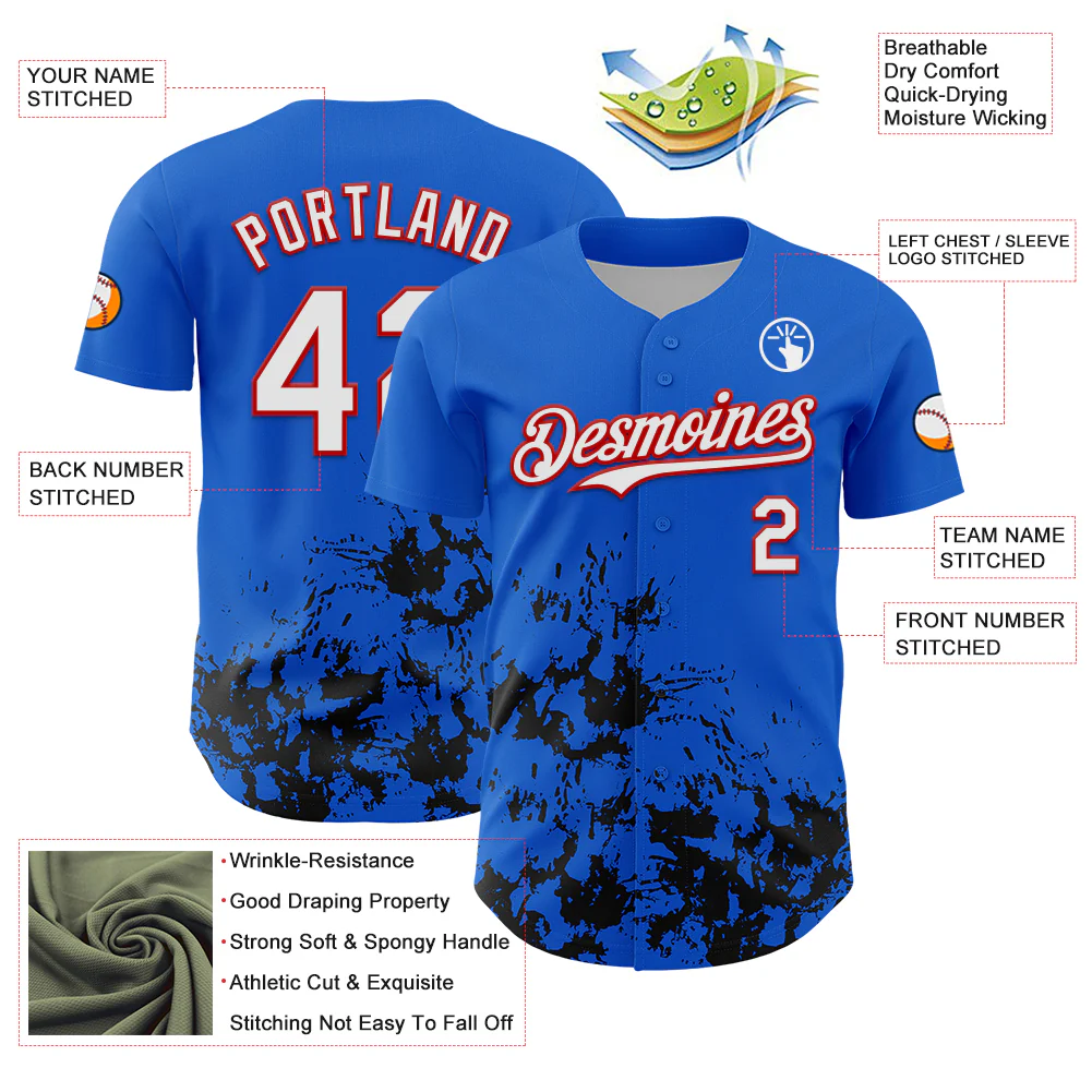 Custom Thunder Blue White Red-Black Splatter Authentic Baseball Jersey - Image 3