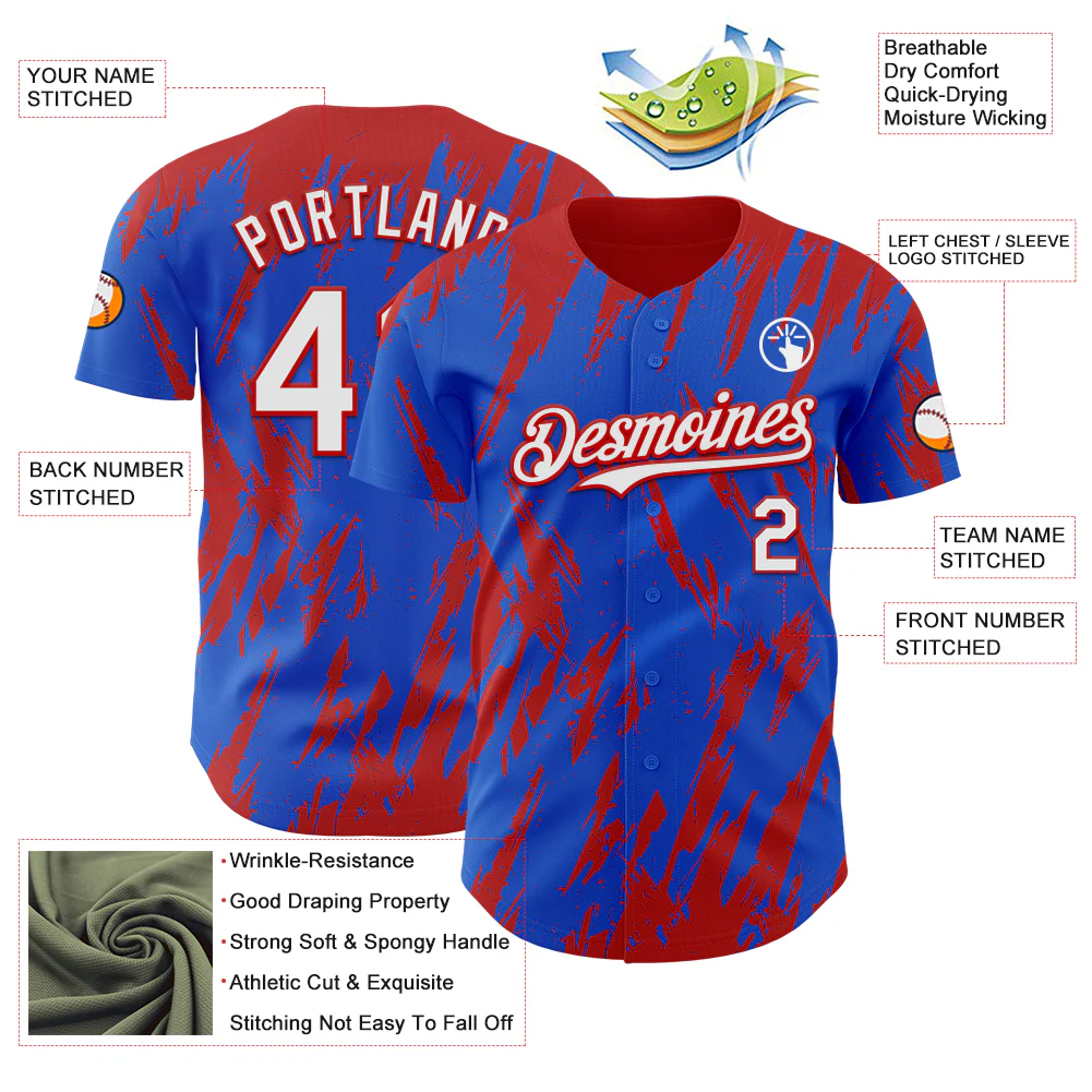 Custom Thunder Blue White-Red Splatter Torn Sharp Brush Stroke Authentic Baseball Jersey - Image 3