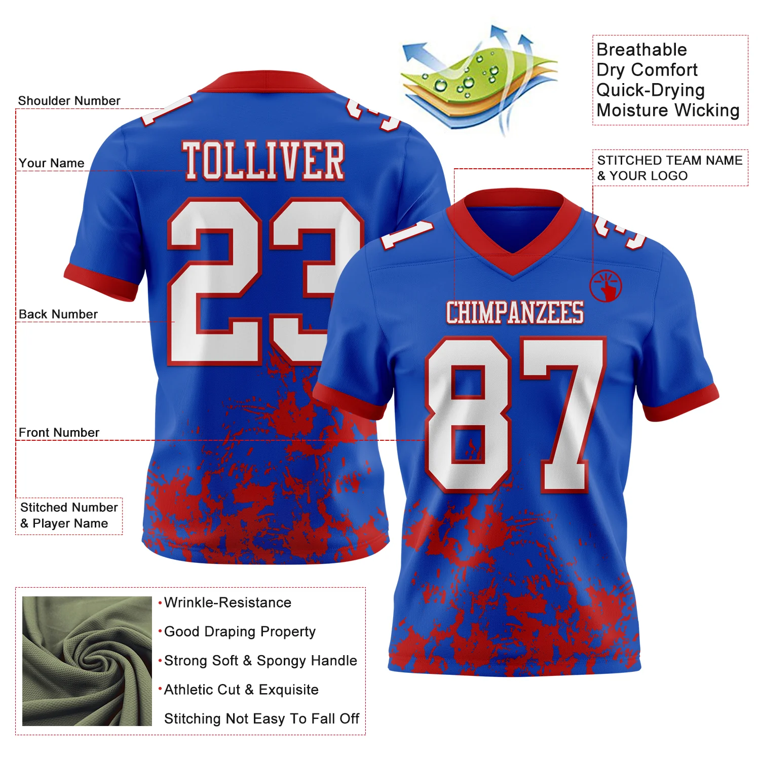 Custom Thunder Blue White-Red 3D Pattern Splash Authentic Football Jersey - Image 2