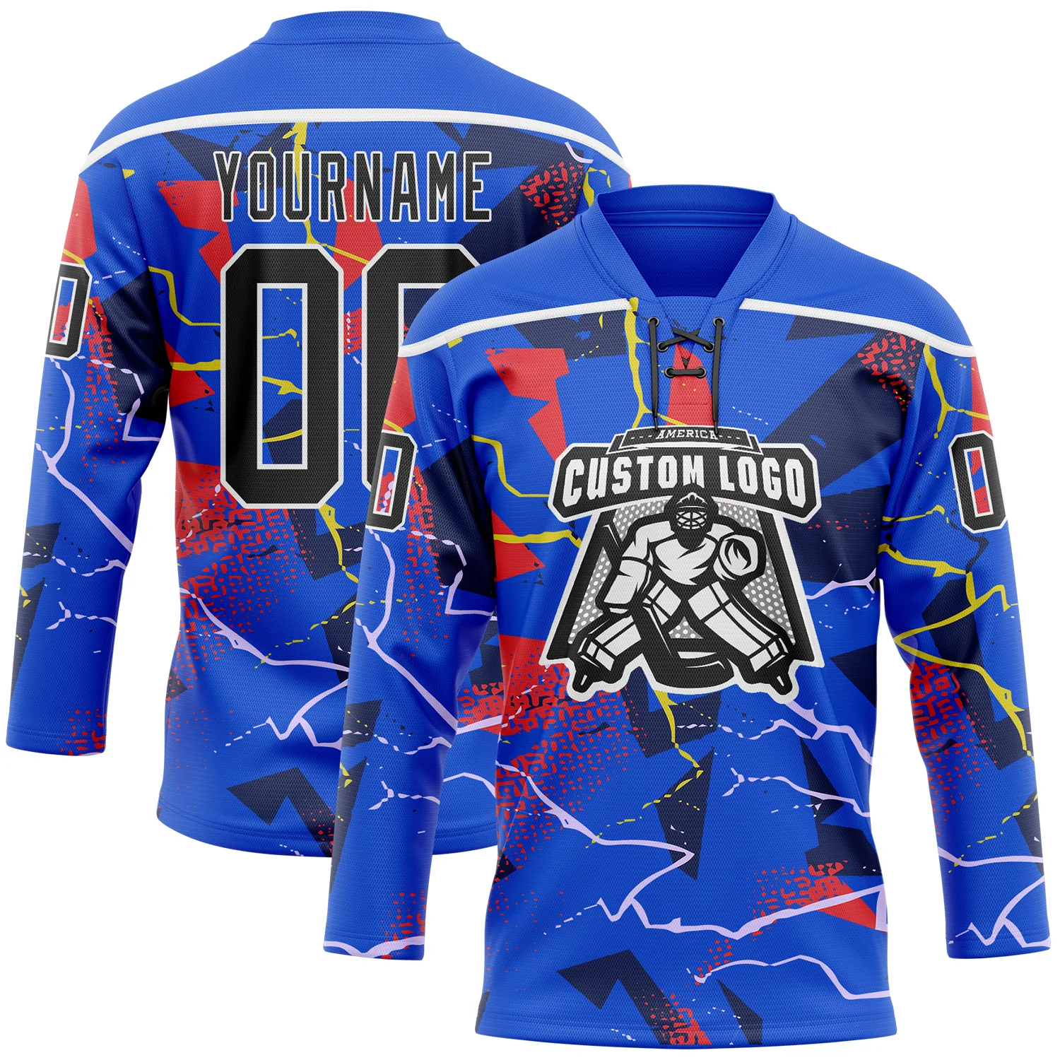 Custom Thunder Blue Black Red Yellow-White Lightning Hockey Lace Neck Jersey - Image 2