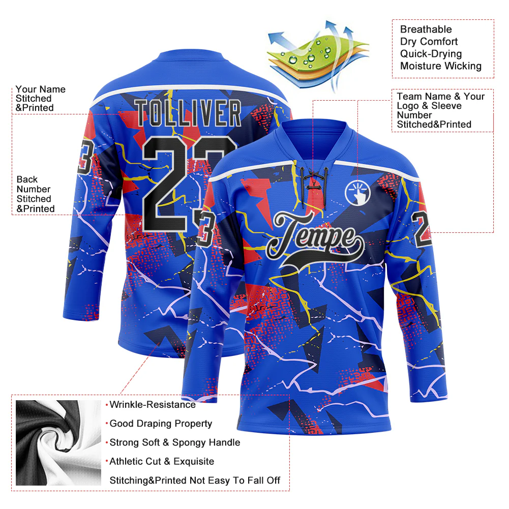 Custom Thunder Blue Black Red Yellow-White Lightning Hockey Lace Neck Jersey - Image 5