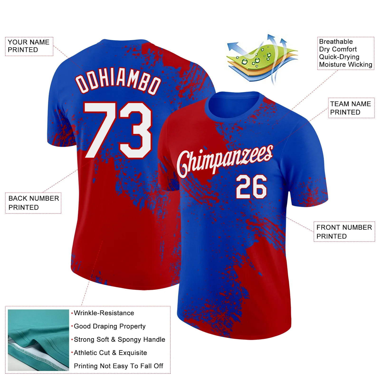 Custom Thunder Blue White-Red 3D Pattern Design Abstract Brush Stroke Performance T-Shirt - Image 2