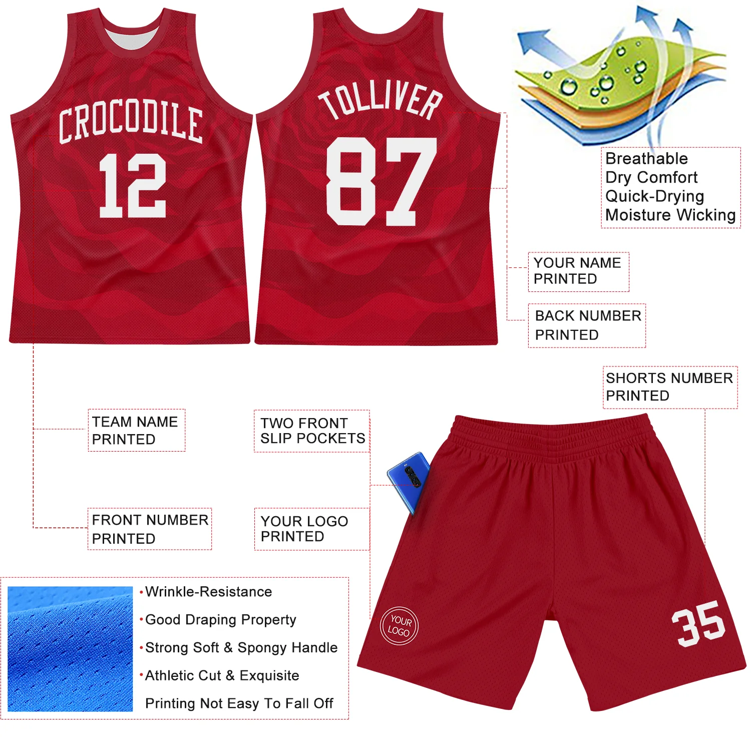 Custom Red White Fluid Art Round Neck Sublimation Basketball Suit Jersey - Image 3