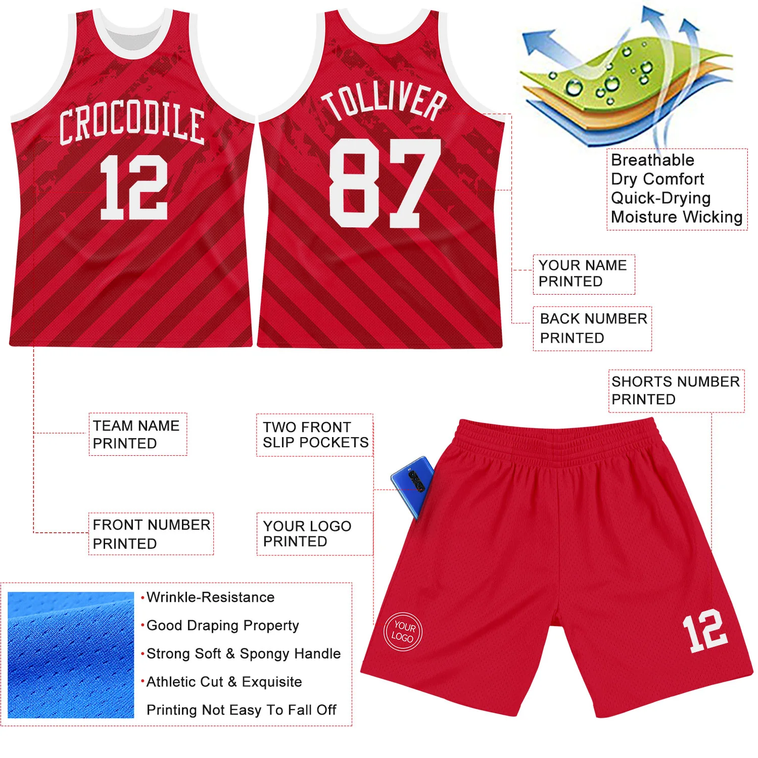 Custom Red White Line Round Neck Sublimation Basketball Suit Jersey - Image 3