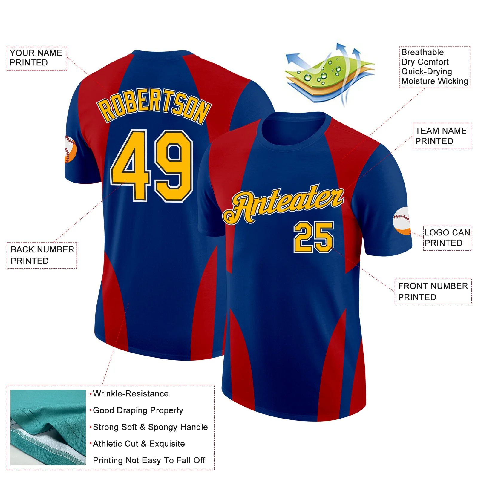Custom US Navy Blue Gold Red-Black 3D Esports Performance T-Shirt - Image 2