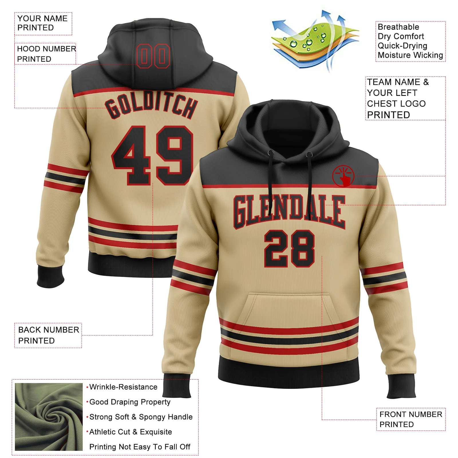 Custom Vegas Gold Black-Red 3D Pattern Design Game Day Vegas Inspired Sports Pullover Sweatshirt Hoodie - Image 2