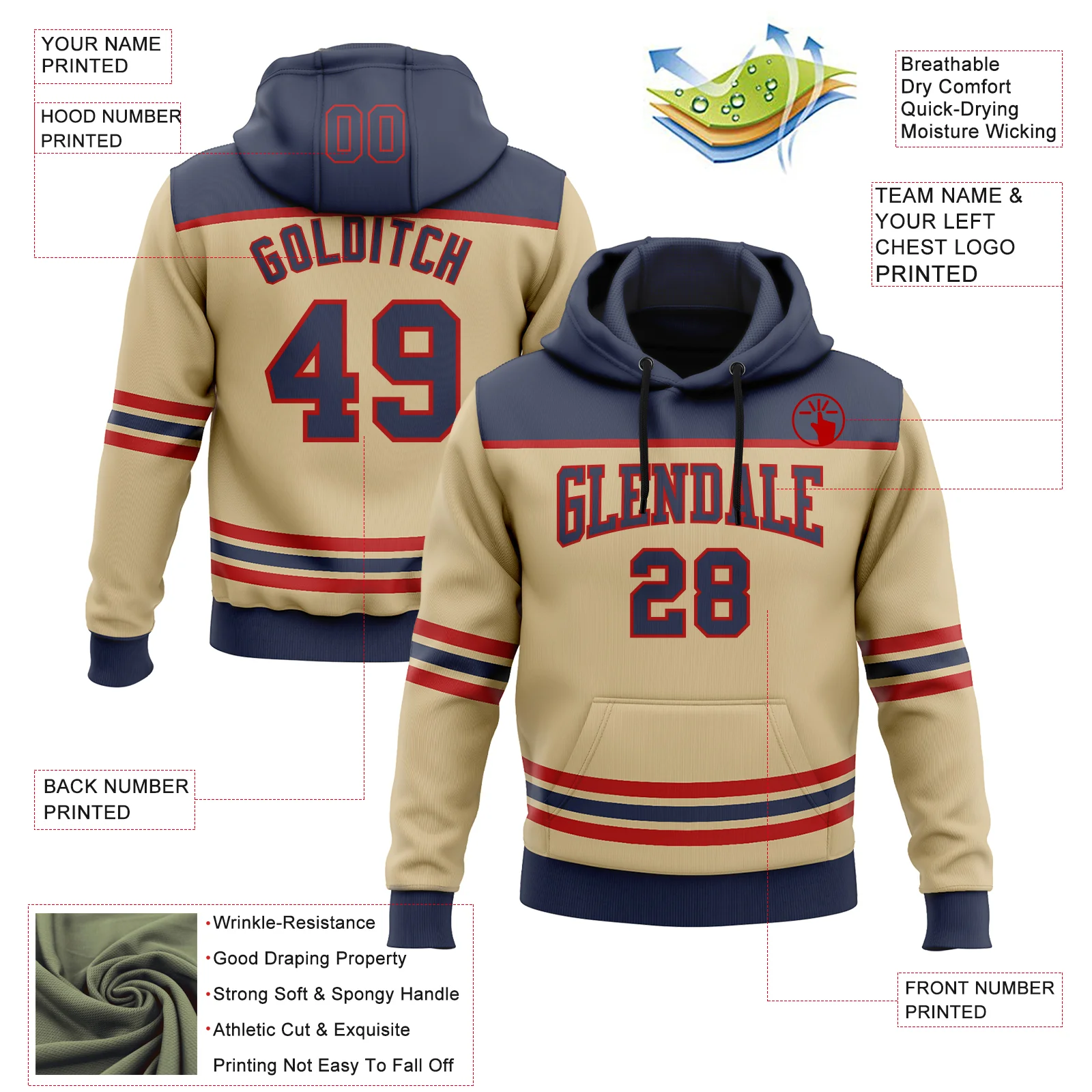 Custom Vegas Gold Navy-Red 3D Pattern Design Game Day Florida Inspired Sports Pullover Sweatshirt Hoodie - Image 2