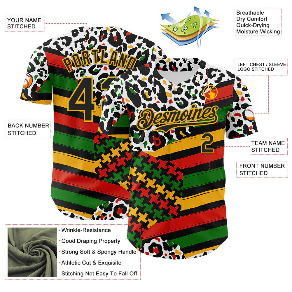 Custom White Black Red Green-Gold 3D Pattern Design Black History Month Abstract Geometric Animal Print Authentic Baseball Jersey - Image 3