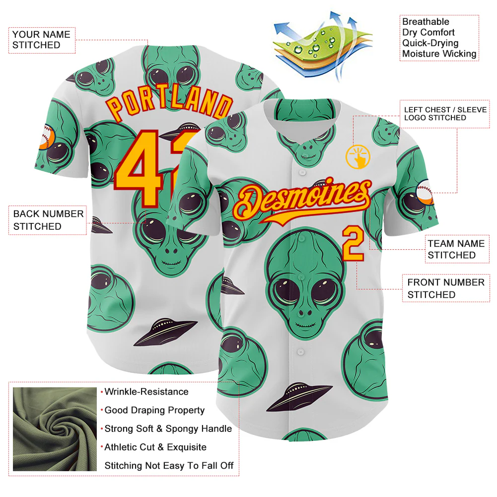 Custom White Gold-Red Alien UFO Space Authentic Baseball Jersey - Image 3