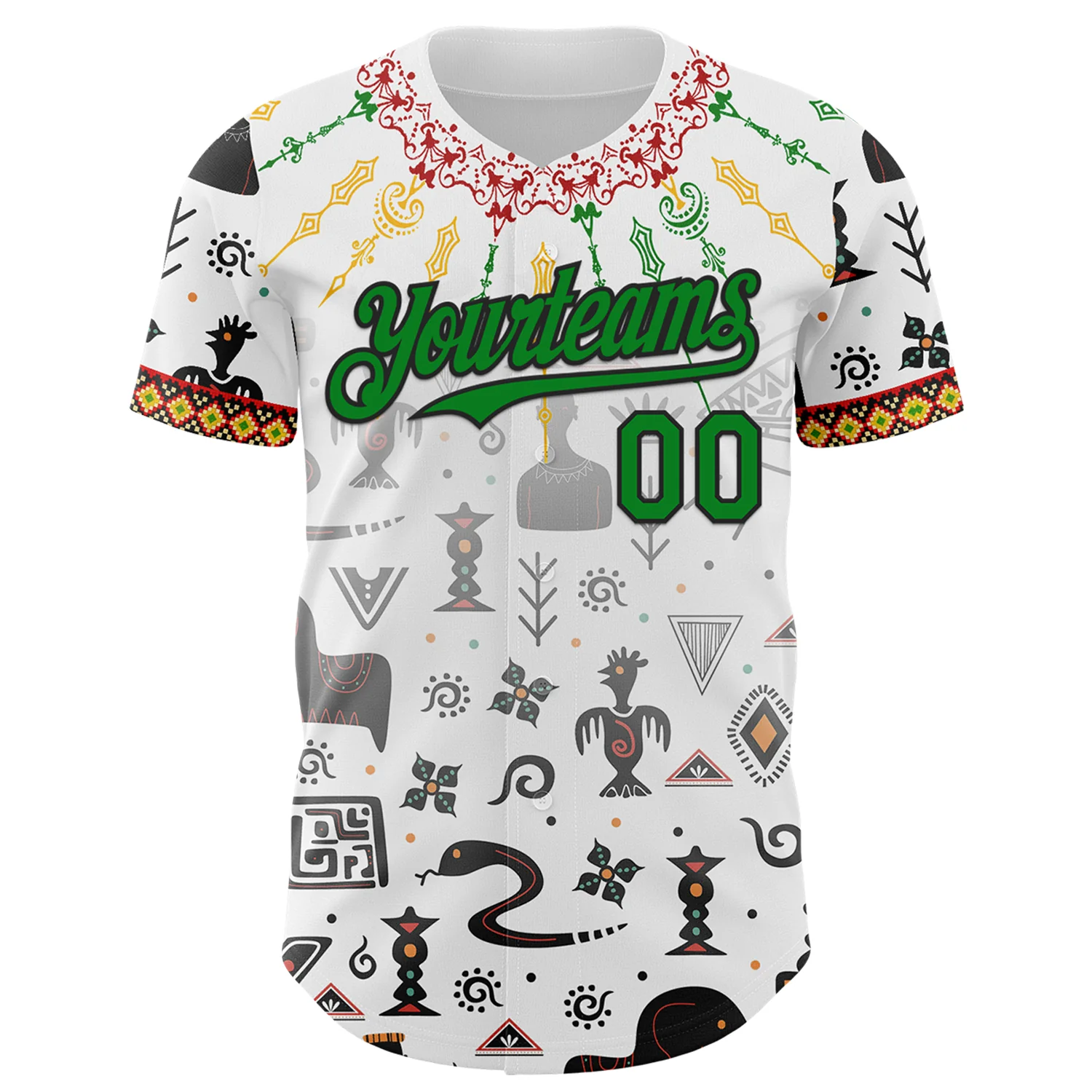 Custom White Grass Green Red Yellow-Black Black History Month Africa Tribal Authentic Baseball Jersey - Image 2