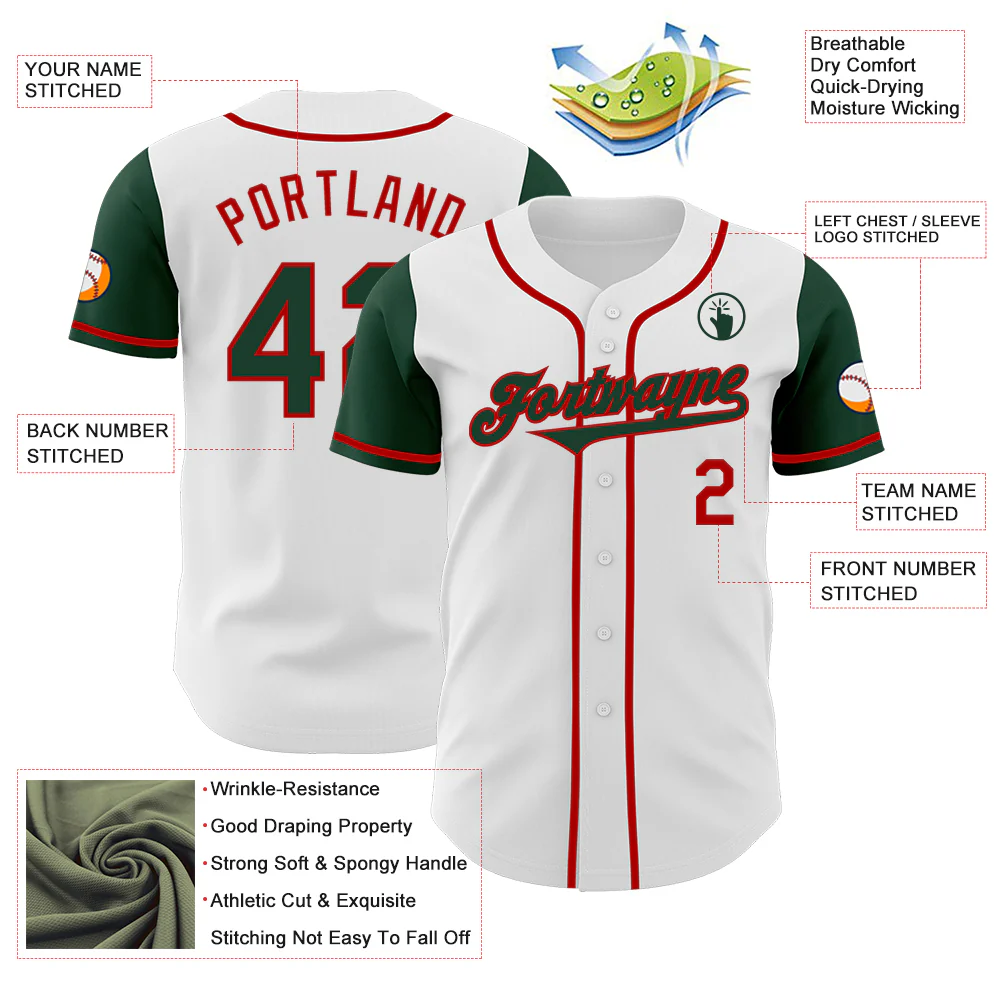 Custom White Green-Red Authentic Two Tone Baseball Jersey - Image 3