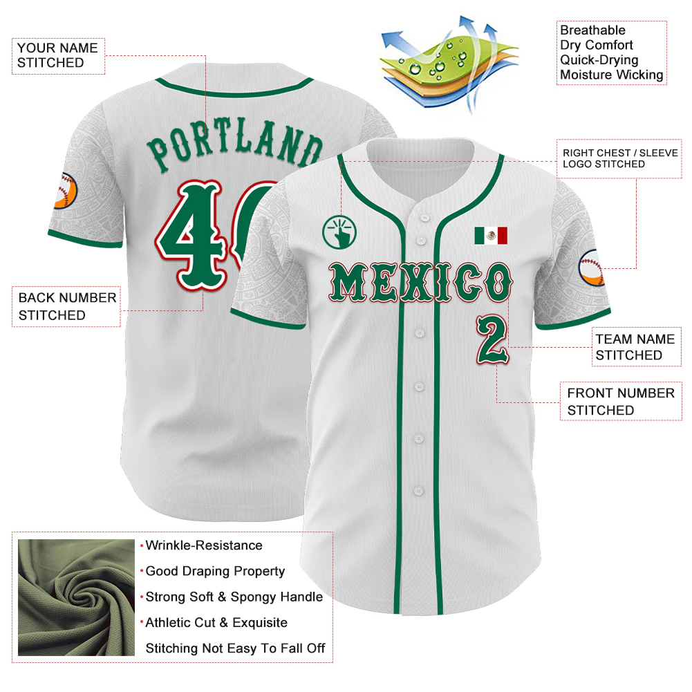 Custom White Kelly Green-Red 3D Mexico Mexican Flag Authentic Baseball Jersey - Image 3