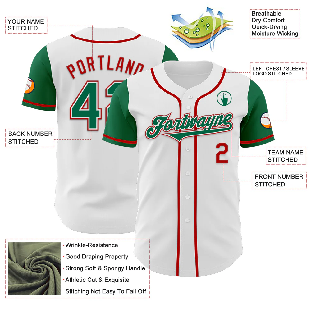 Custom White Kelly Green-Red Authentic Two Tone Baseball Jersey - Image 3