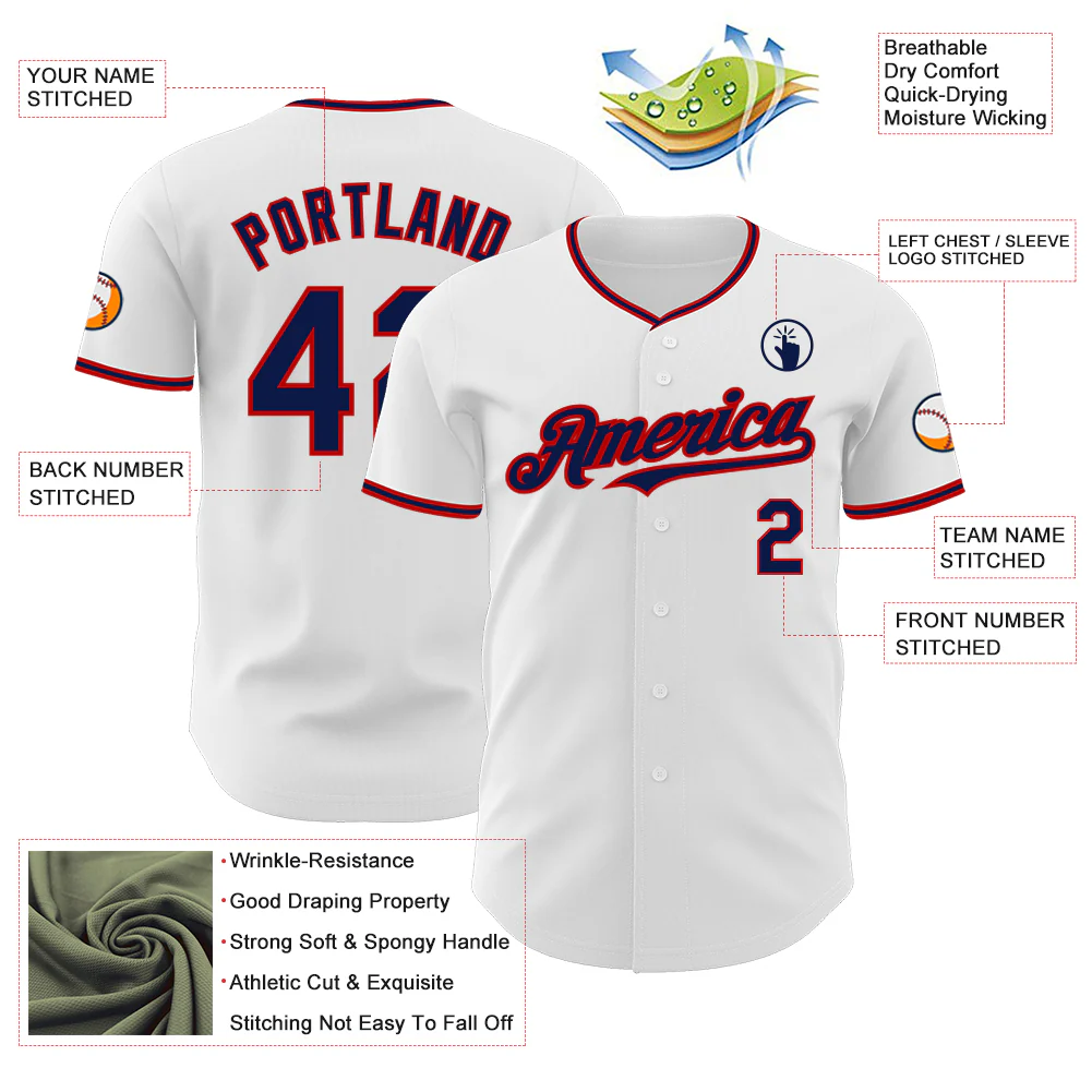 Custom White Navy-Red Authentic Baseball Jersey - Image 3