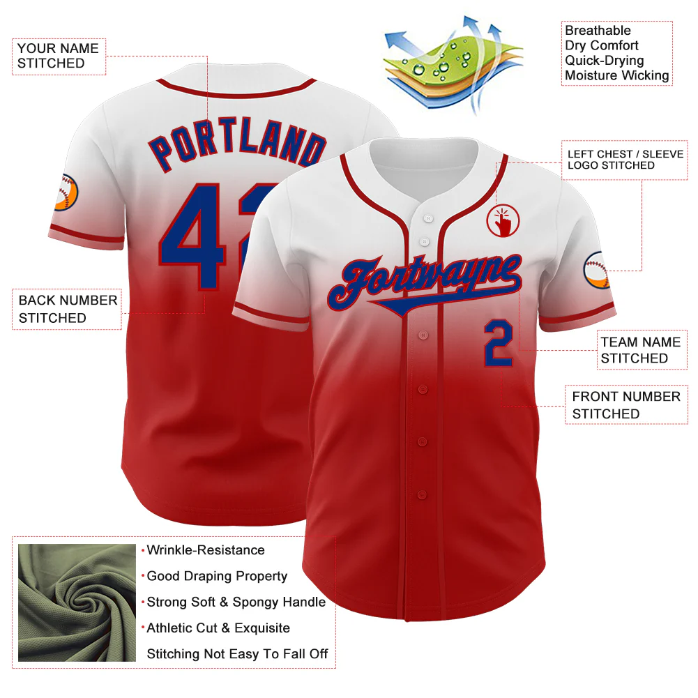 Custom White Royal-Red Authentic Fade Fashion Baseball Jersey - Image 3